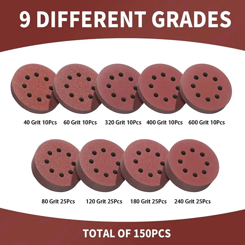 150-piece Sanding Discs Set - 5-Inch 8-Hole Sandpaper 10 Grades Include 60, 80, 100, 120, 150,180, 240, 320, 400, 600 Grits For Random Orbital Sander(Not For Oscillating Tools Or Mouse Sander