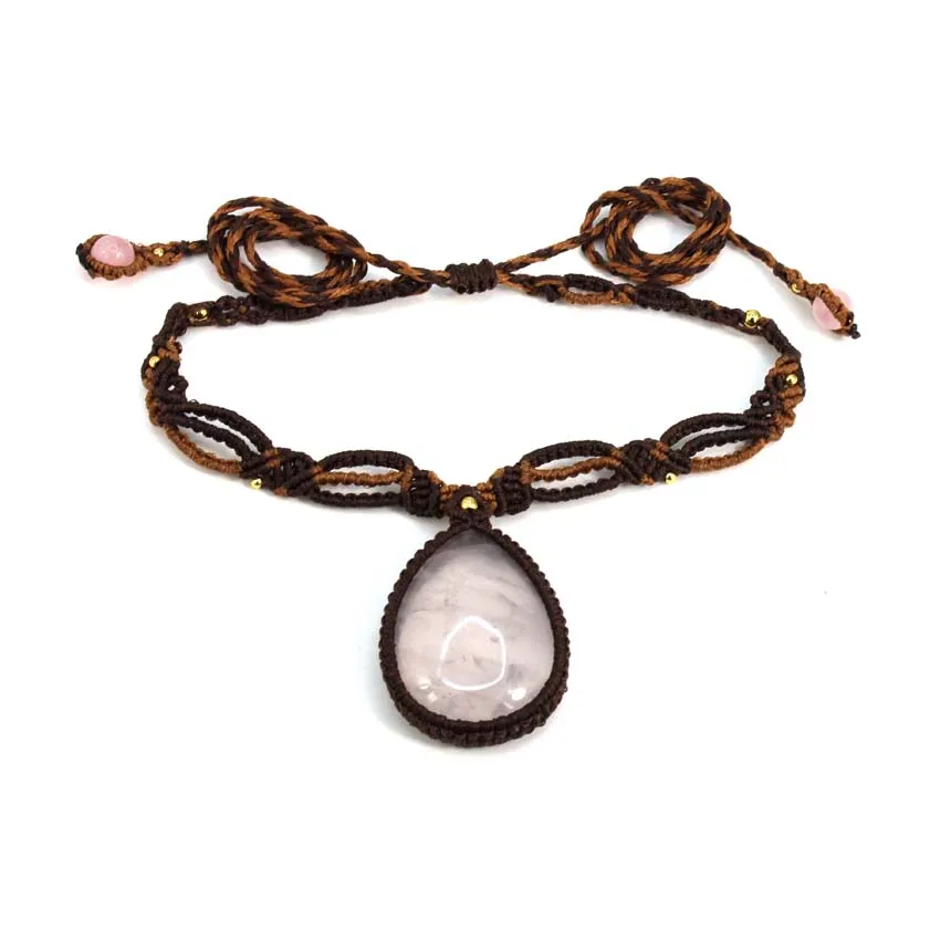 Pink Quartz Water Drop Macrame Necklace Rose Crystal Braided Stone