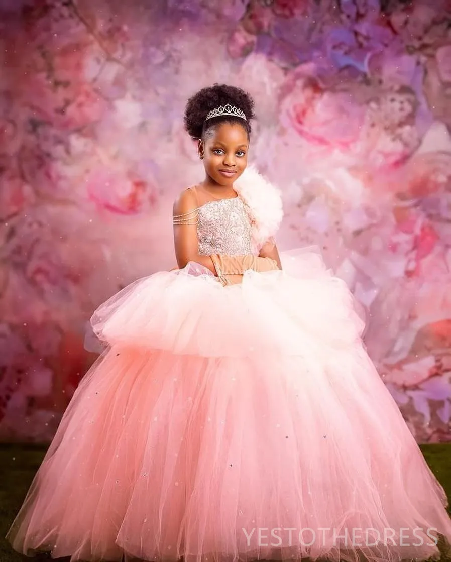 pink flower girls dresses Charming Blush Pink Flower Girl Dress with Pearl Accents and Bow Detail  Plus Size