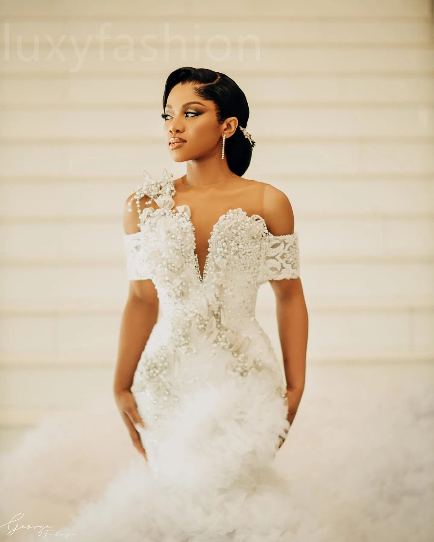 floral beaded lace and tulle mermaid wedding dress Floral Beaded Lace and Tulle Mermaid Wedding Dress