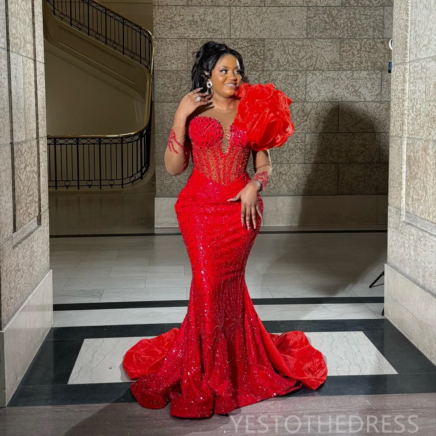 Red Mermaid Plus Size Red Sparkly Prom Dress with Beaded Lace and Illusion Long Sleeves for Special Occasions - Perfect for Birthdays and Second