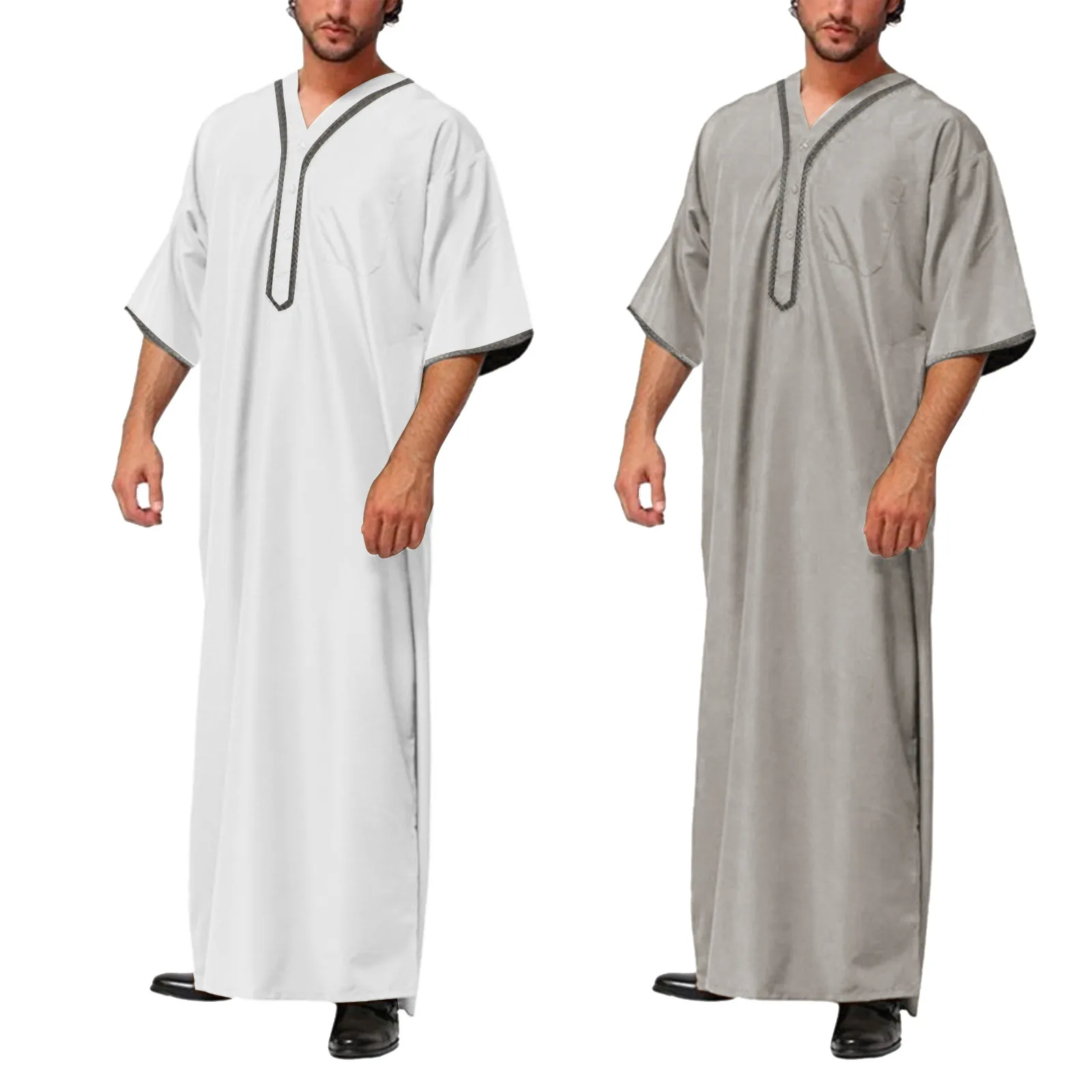 Mens Solid Color Islamic Kaftan Half Sleeve V Neck Muslim Mens