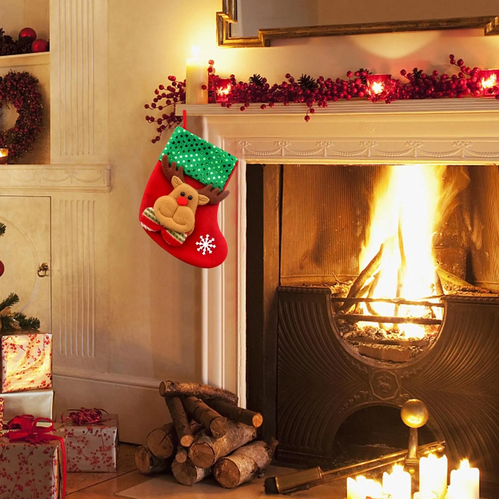 Sunnyglade 3-Pack Christmas Stockings – 17.5 Inch Santa, Snowman, Reindeer Characters, Burlap With Fluff Trim – Holiday Decor - View #10