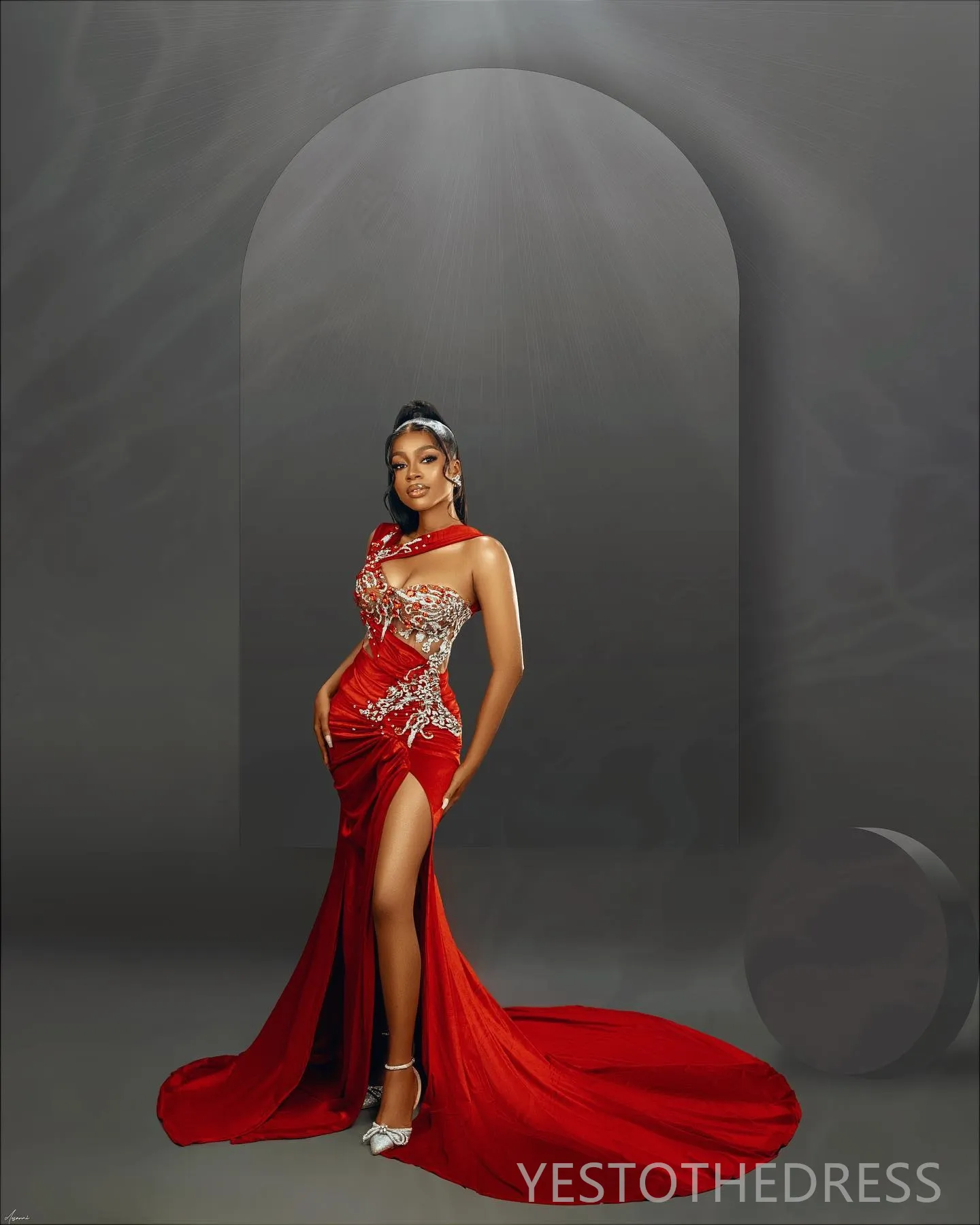 Red velvet one shoulder dress hotsell