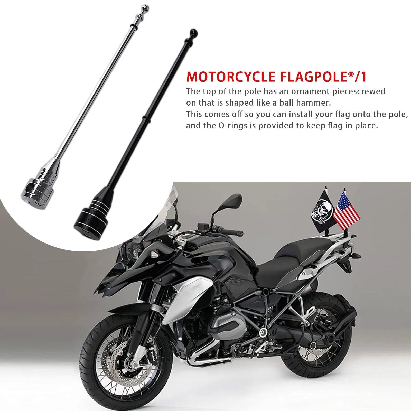 HERCHR Motorcycle Flag Pole, Universal Motorcycle Flagpole Stainless Steel Flag Pole Accessory For Rear Seat Luggage Rack Mount(Black