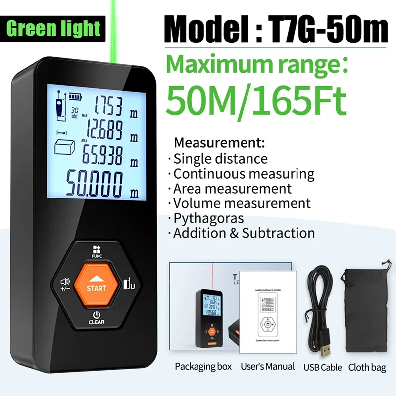 196ft Laser Distance Meter - Digital Measuring Tool With Area/Volume Calculation & Backlit Display