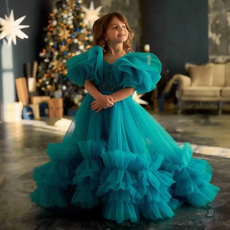 Christening dress turquoise chiffon flower girl dress with fluffy bow short  sleeves for wedding birthday party first communication from Dhgate Christening  dresses - price 66.21
