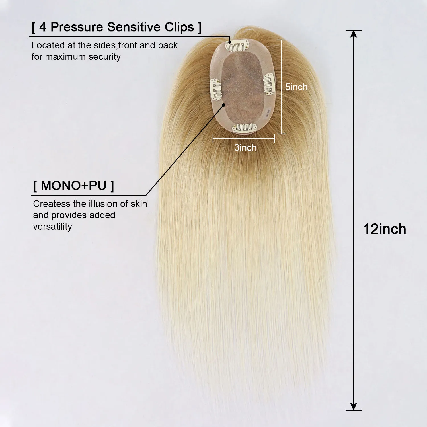 12" Platinum Blonde Mono Human Hair Topper with