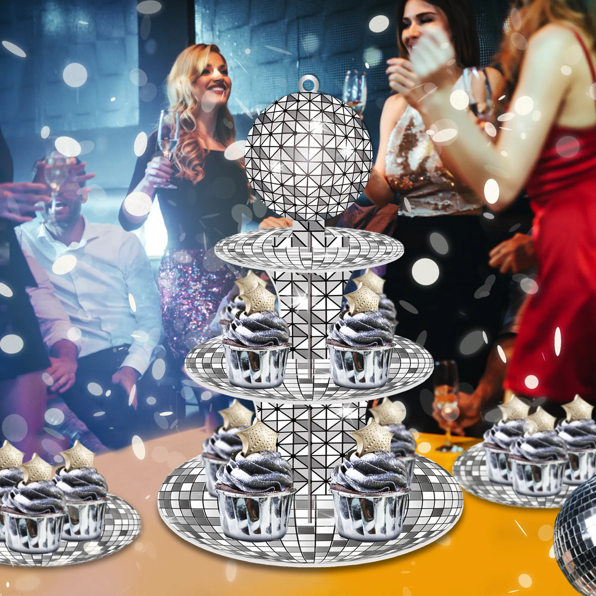 3 Tier Silver Spotlight Disco Party Cake Stand Cupcake Rack Birthday Cake Tray Decor