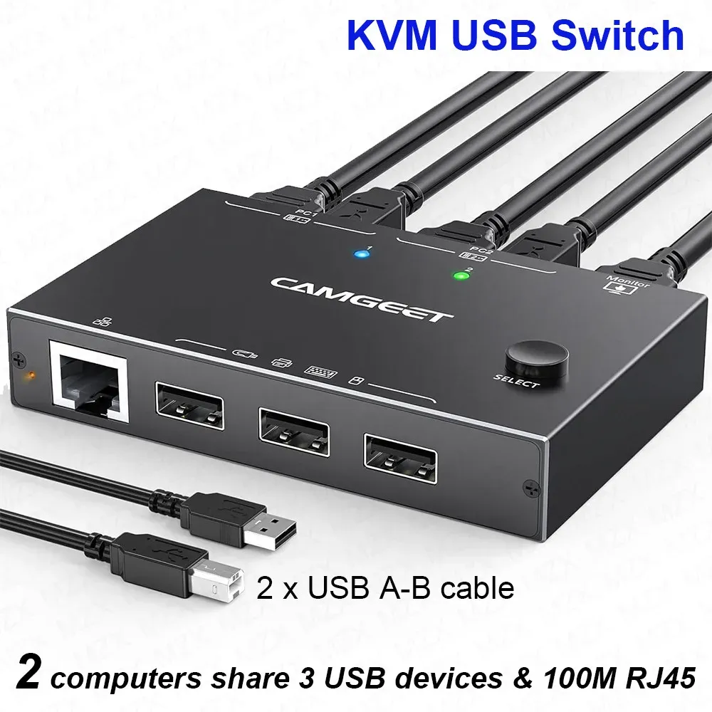 AIMOS 2-in-1 HDMI dual monitor kvm with 4K/USB RJ45 for PC Sharing ...