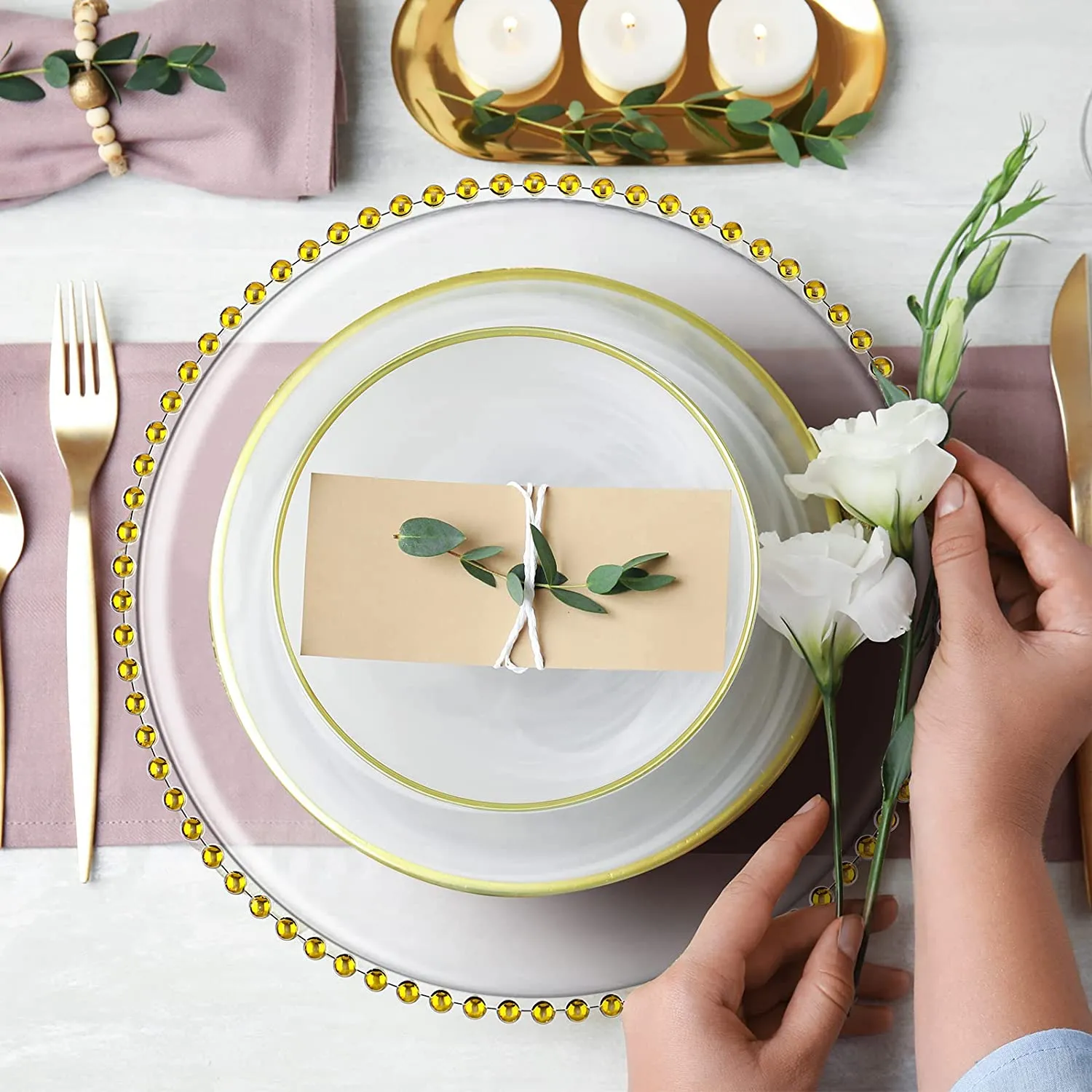 Clear Charger Plates With Gold Beads Rim, Elegant Acrylic Plastic