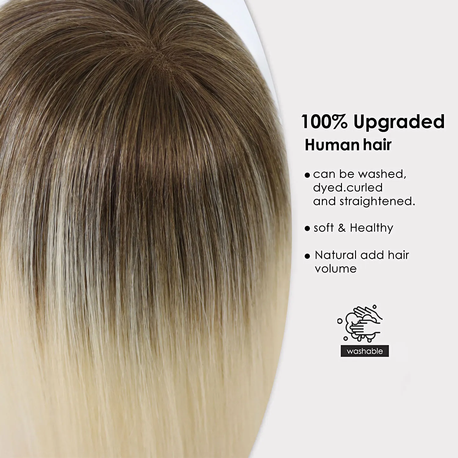 Platinum Blonde Human Hair Topper for Women Real Hair Clip-in Hairpiece Straight 12" Platinum Blonde Mono Human Hair Topper with main image 3