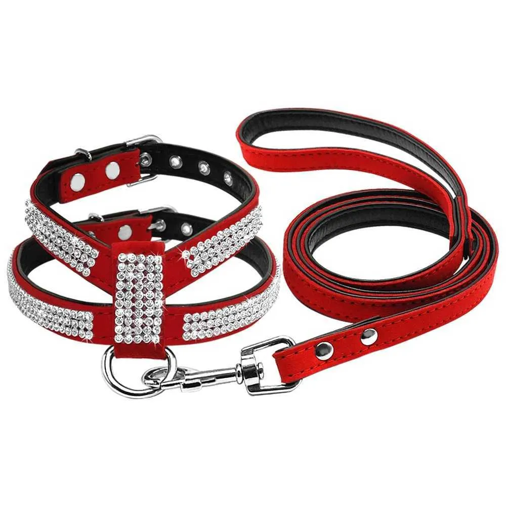 DHgate Suede Leather Rhinestone Dog Harness Leash Set for Small Medium Dogs Home Garden