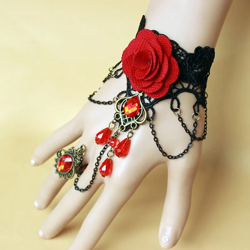 Aabellay Gothic zwarte kanten armband met vingerring steampunk vampier polsband ring Victoriaans kostuum feest vintage bruiloft bal festival handketting sieraden voor vrouwen 1 paar - S392, Medium