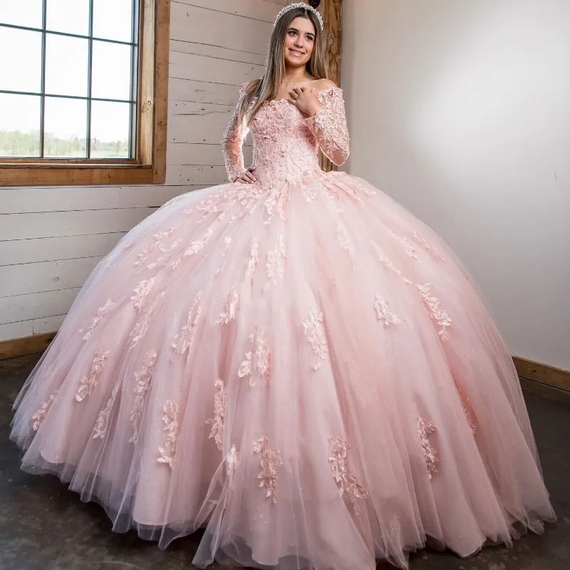 Pink Long Sleeve Quinceanera Dress Lace-up Back Crystal Beads Tulle Ball  Gown Floor-Length from Dhgate Quinceanera Dresses - price 301.43