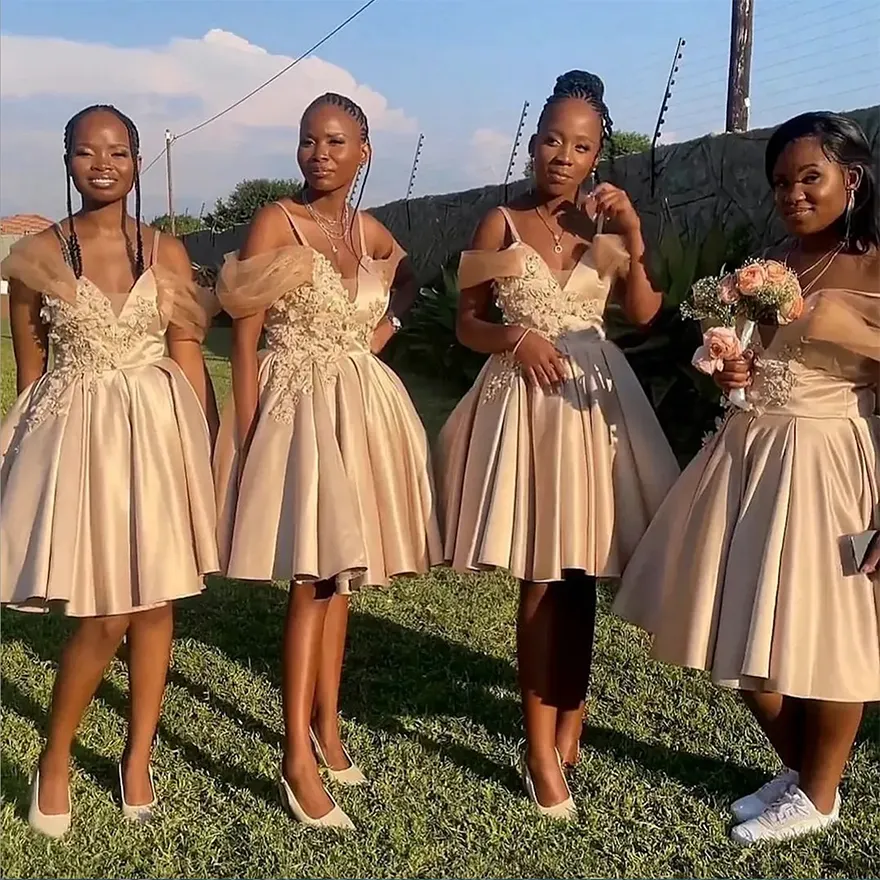 Off the shoulder tea length bridesmaid dresses 2025