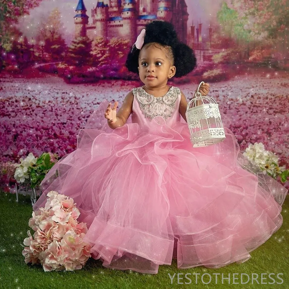 Robe De Princesse Pour Fille En Tulle à Paillettes Florales - Manches Longues En Maille, Jupe Bouffante 3 Volants - Pour Fête, Mariage, Anniversaire