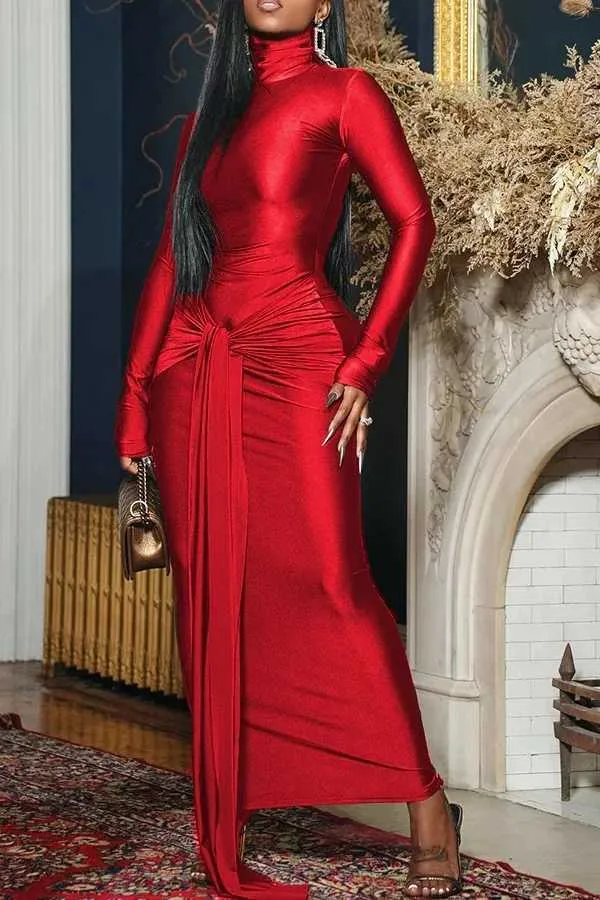 Casual Bandage Maxi Dress 2024 Bodycon High Neck Long Sleeve Club Dress