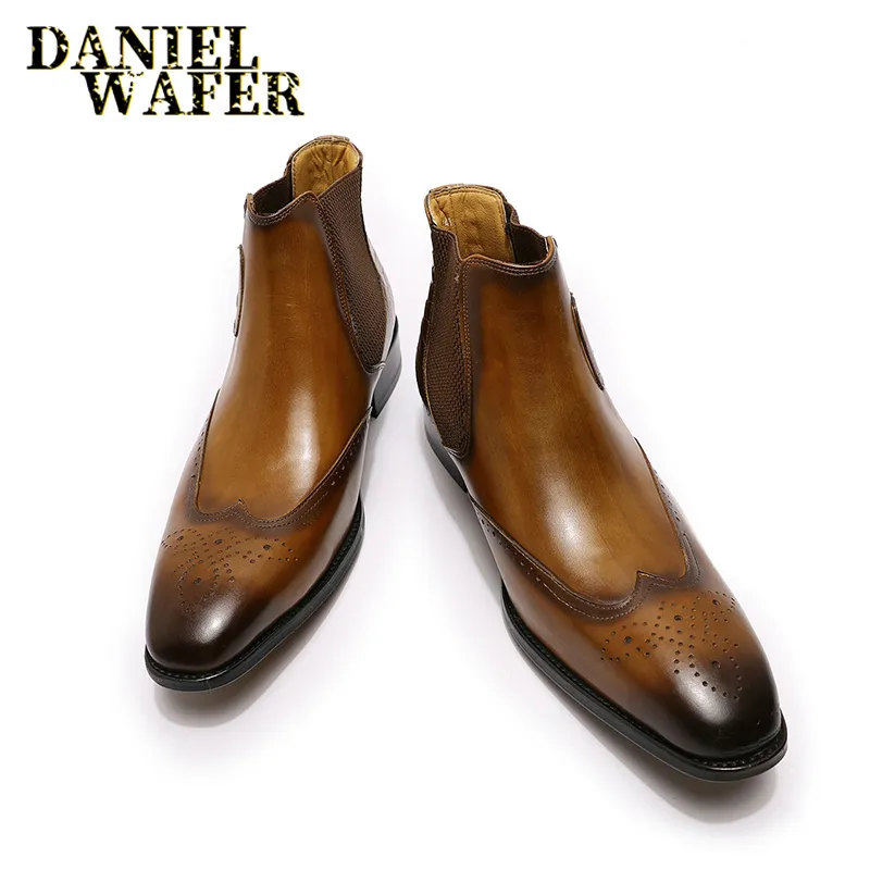 Luxury Chelsea Boots Genuine Leather Men s Ankle Boots High Grade Slip On Buckle Strap Wingtip Brown Black Shoes Basic Boots Men