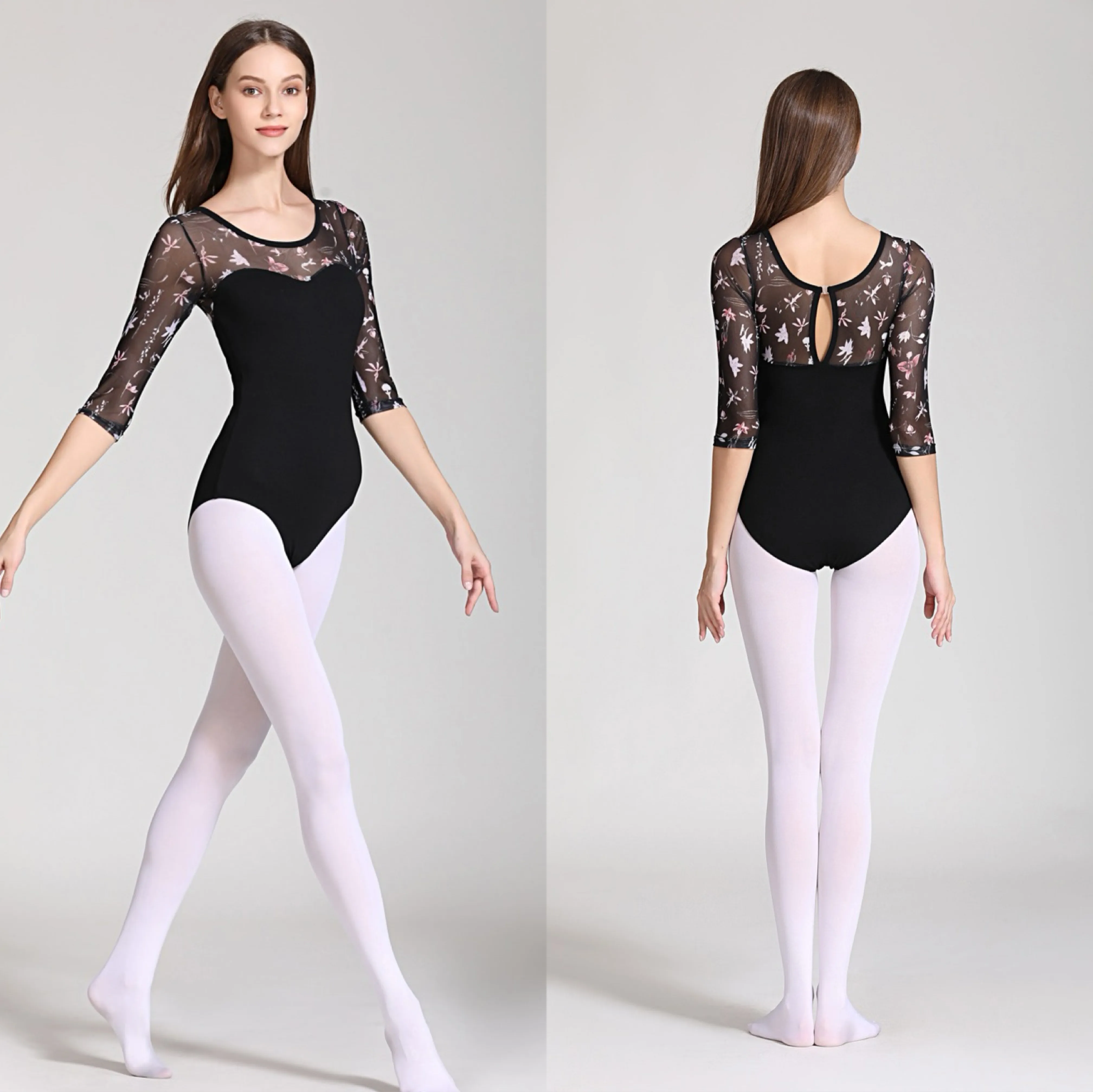 Women Ballet Leotard with Net Print Sleeves Ballet Dancing Costume Adult  Sizes XS-XL Spandex Coverall