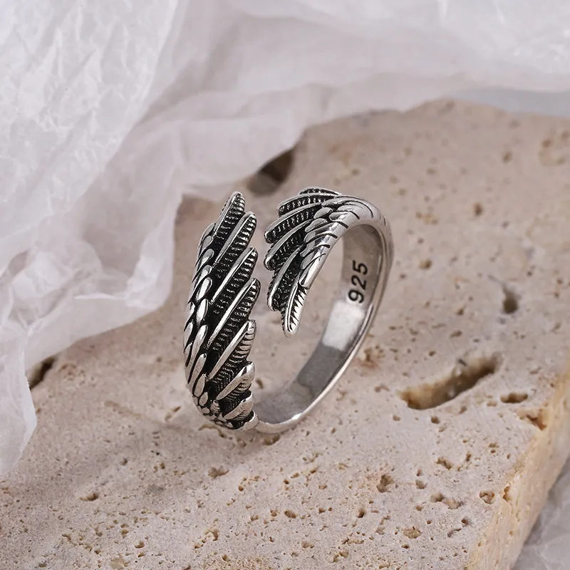 925 Sterling Silver Angel Wings Ring: Feather Design, Adjustable