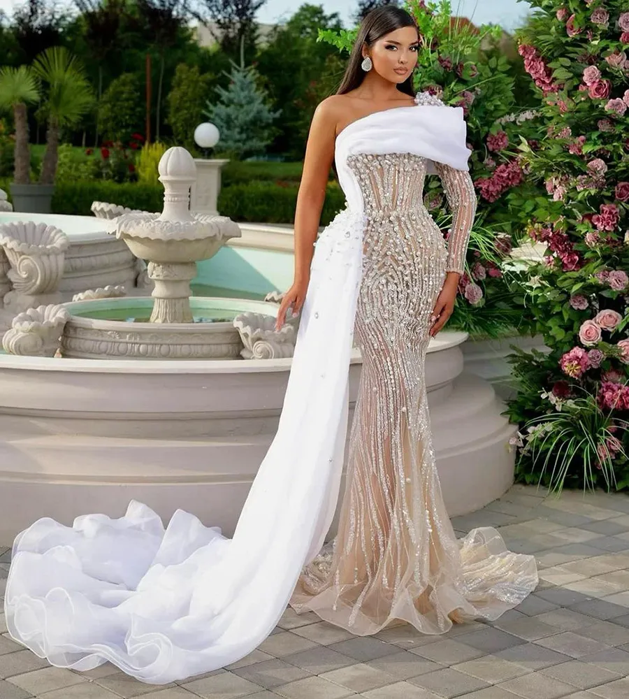 open lace back dress Light satin One-shoulder mermaid wedding dress – Howedding
