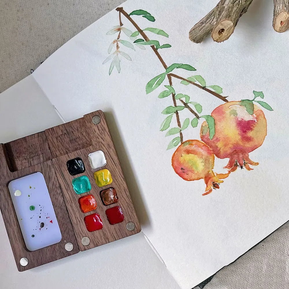 Mini Watercolor Travel Palette - 8 Color Walnut Wood Paint Set For Artists On The Go