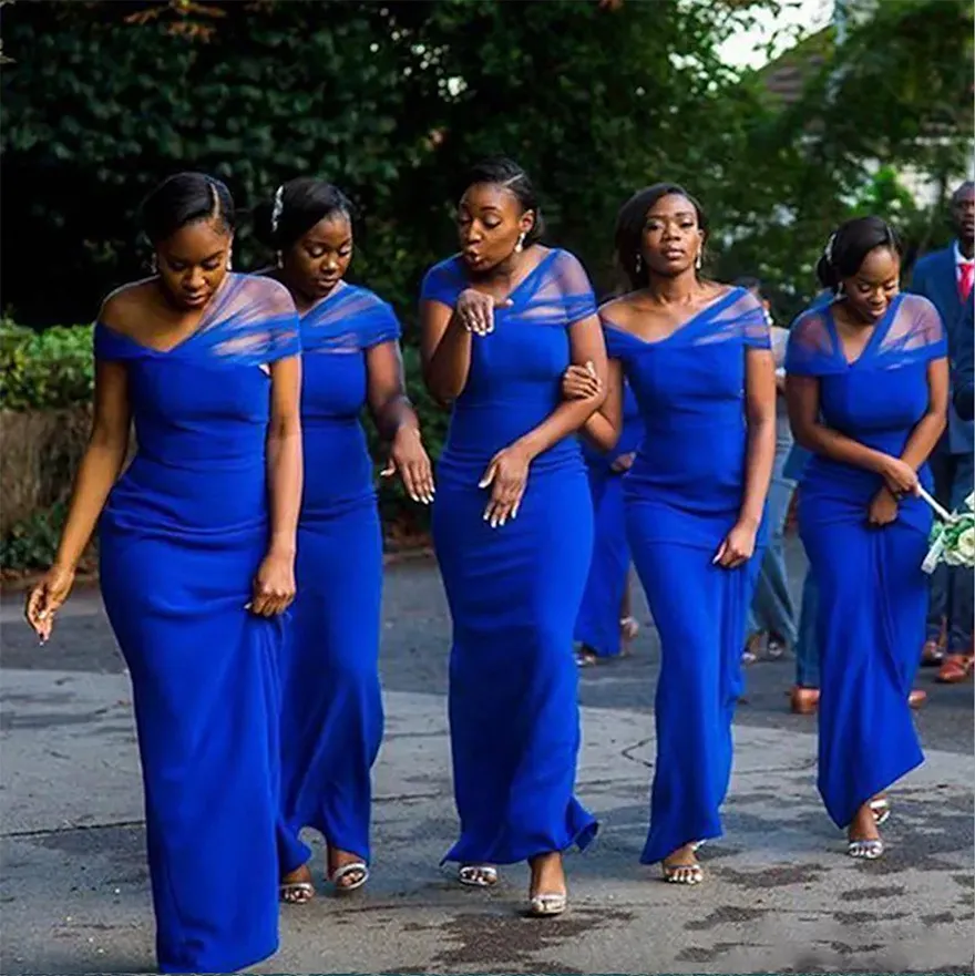 South African Royal Blue Sheath Tulle Satin Bridesmaid Dresses 2024 Floor Length