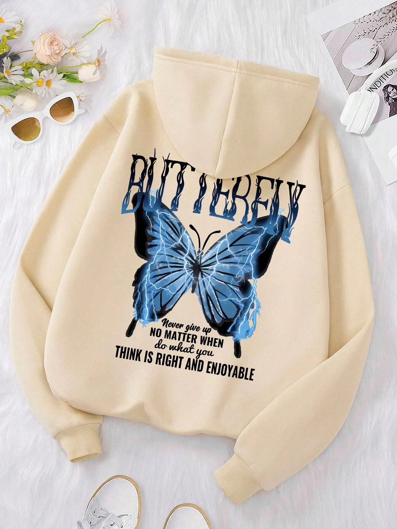 Sweat-shirt Femme Los Angeles Vintage Imprimé Papillons Capuche Oversize Sweat à Capuche Femme Onsoyours - Print Los Angeles Vintage, Manches Longues, Coupe Oversize Style Vintage Hip Hop