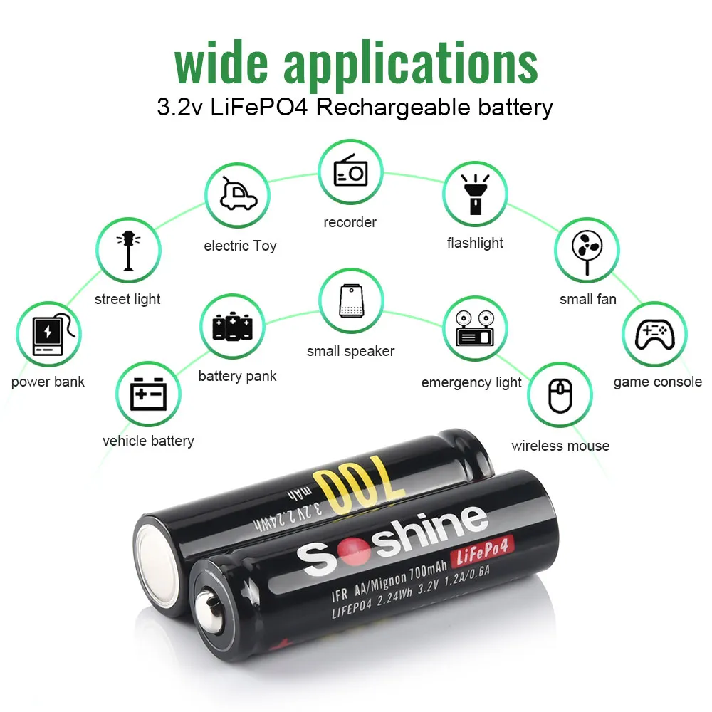 Soshine 3.2V 14500 LiFePO4 700mAh Rechargeable Battery AA 700mAh Batteries and AA AAA 14500 10440 Smart Battery Charger 2 Slot