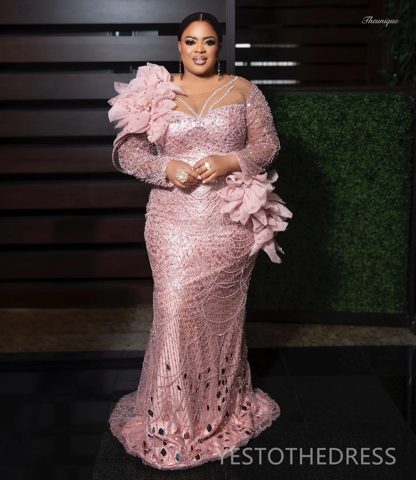 2024 Plus Size Size Aso Ebi Baile Vestidos Para Mulheres Negras Promdress Rosa Ilusao De Mangas Compridas Com Micangas Perolas De Renda Shinstones Espelhos Lantejas Decoradas Vestidos De Gala Am1015 D...