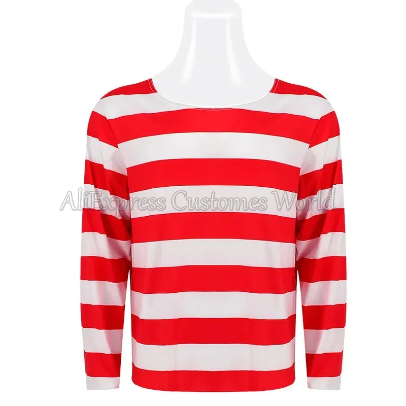 Where's Wally Kostüm-Set – Rot-weiß Gestreiftes T-Shirt Mit Mütze & Brille Für Karneval, Mottoparty & Cosplay