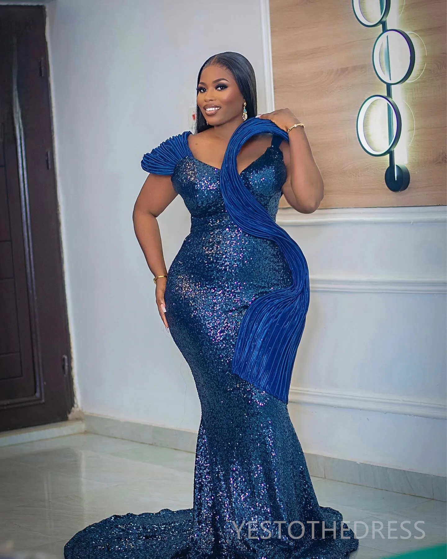 Navy Blue Sequined Lace Plus Size Aso Ebi Blue Sequin Prom Dress For Black Women Mermaid Vestido De Gala Novia Birthday Second Reception Gown AM1014 From Redwhitebliss 153.07 DHgate.Com