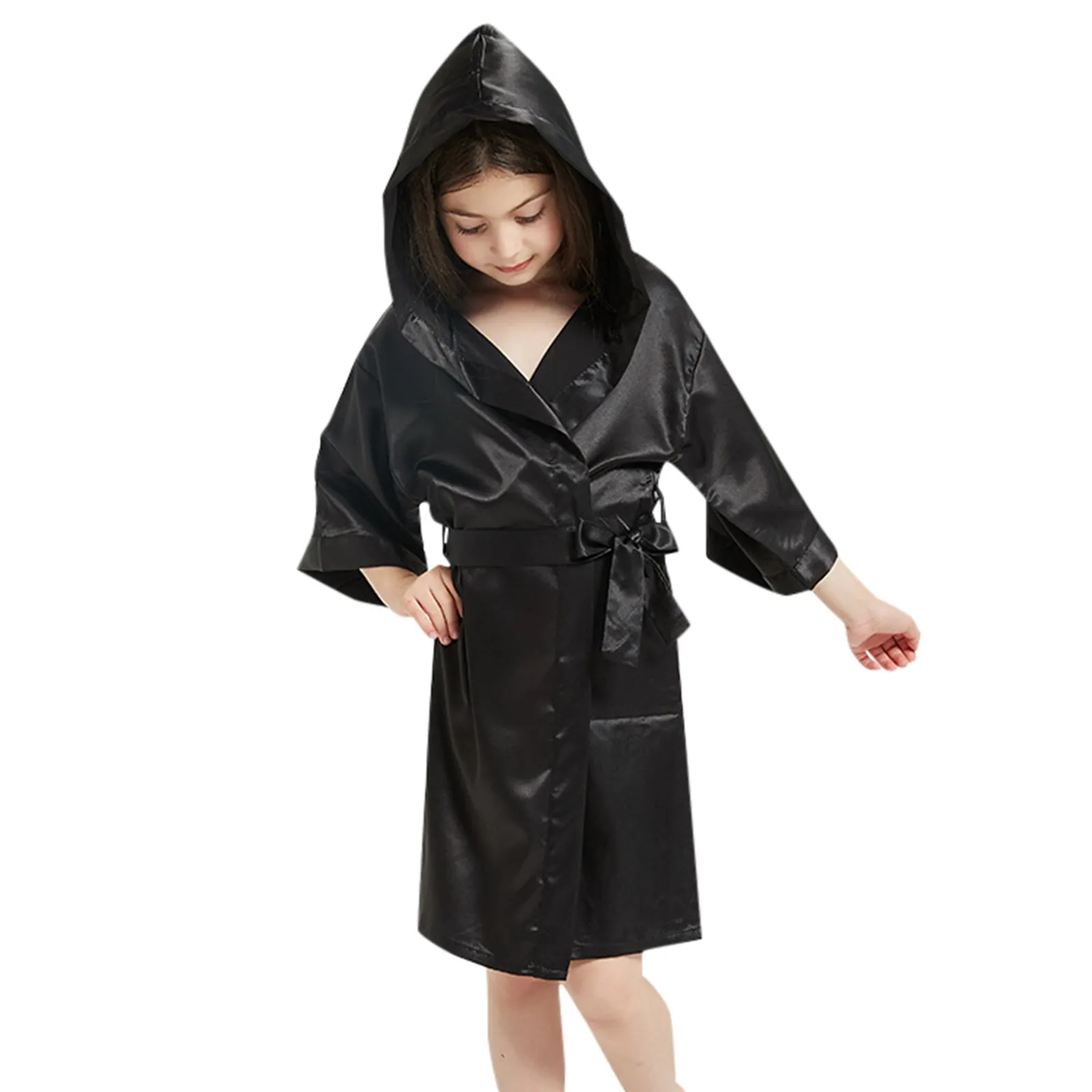 Toddler Kids Silk Satin Hooded Bathrobes Boys Girls Kimono Sleepwear Nightgown Robes