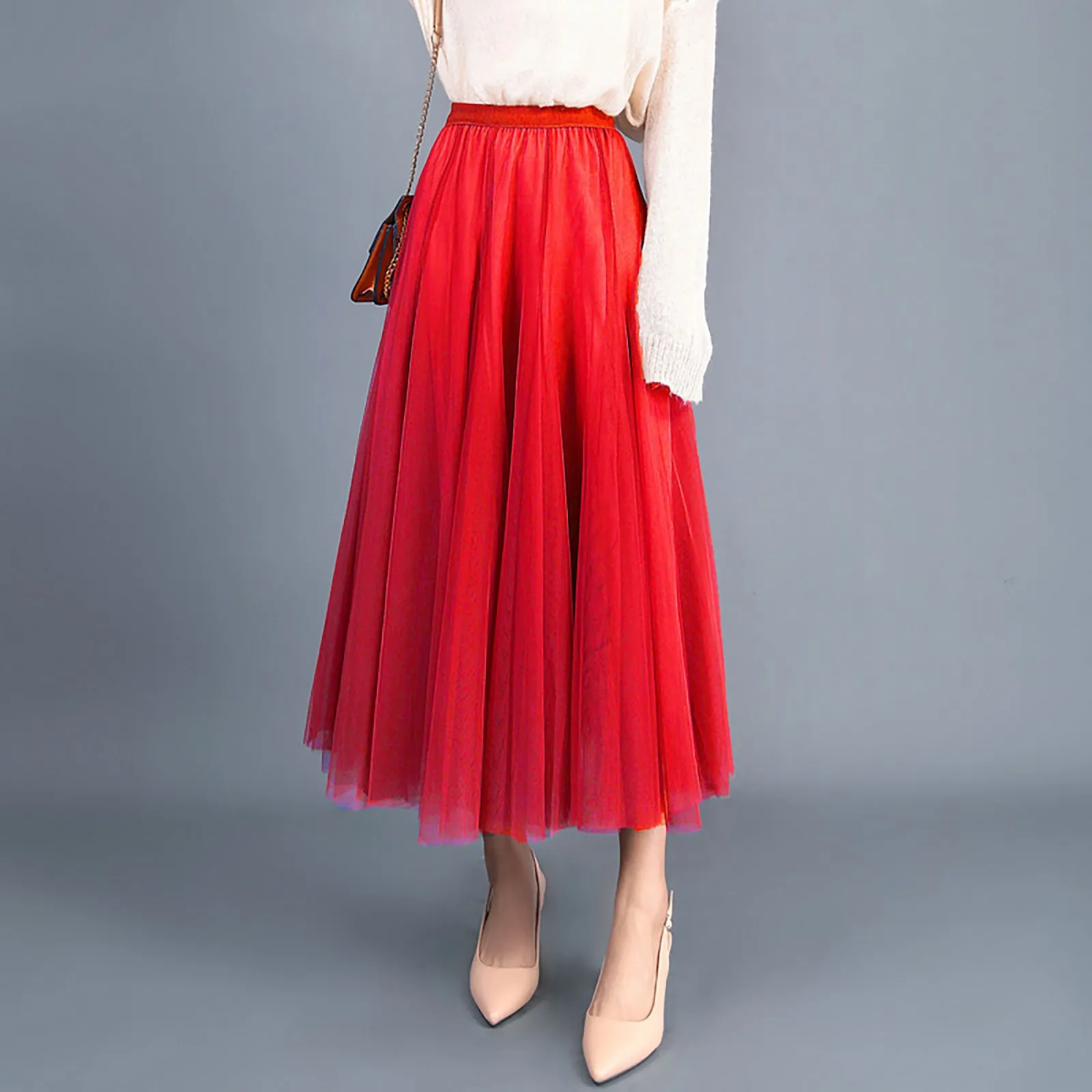 Red mesh high waisted full pleated skirt hot sale