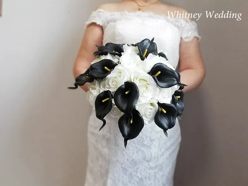 Elegant Black Calla Lily Ivory Rose Bridal Bouquet: Handmade