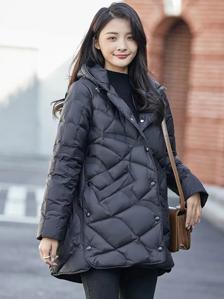 Ultra Light Duck Down Puffer Jacket Women 2024 Winter Hooded Mid Length Casual Lightweight Female Parka Black From Ddmydec 304.31 DHgate.Com