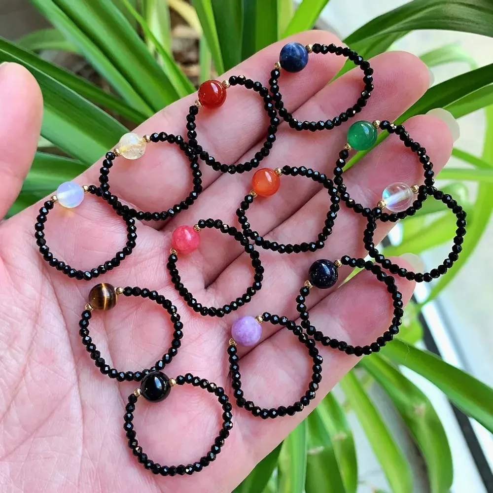 Natural Crystal Stone Finger Ring with 2mm Black Spinel Beads and ...