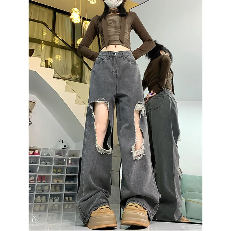 特価 DHgate.com:High-Waist Straight Y2K Denim Ripped Jeans: パンツ