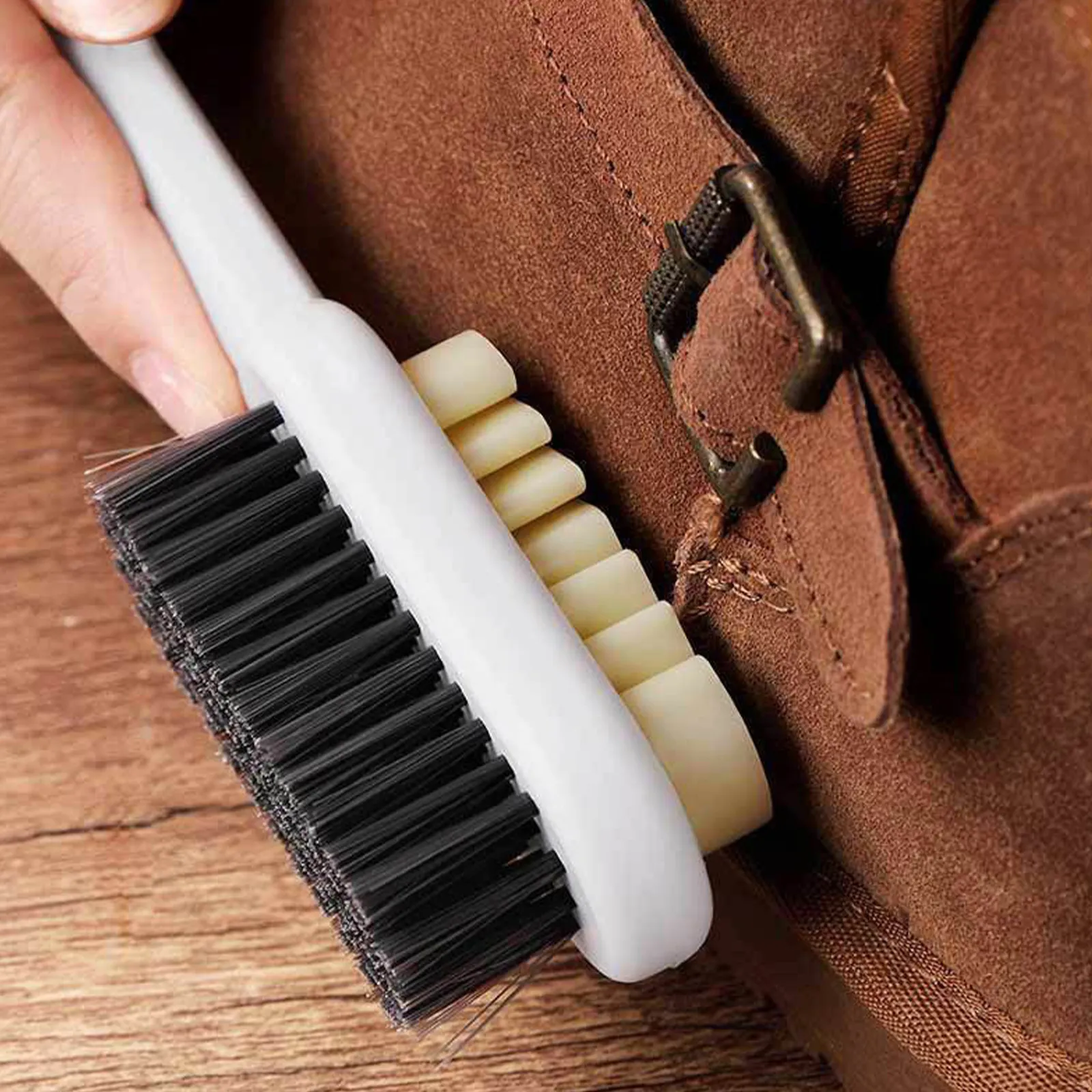 Dual Purpose Suede Leather Shoe Brush, Wooden White Rubber
