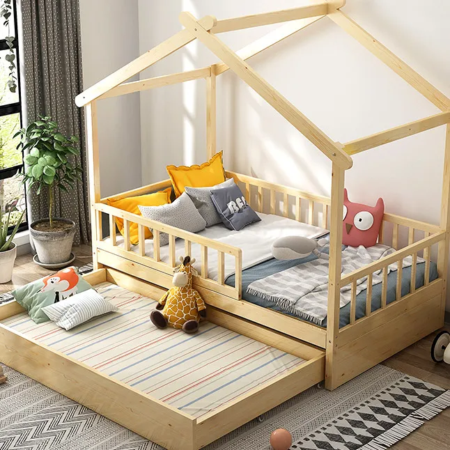 Wooden Floor House Bed for Kids Bedroom Furniture Solid Wood Frame Natural Finish