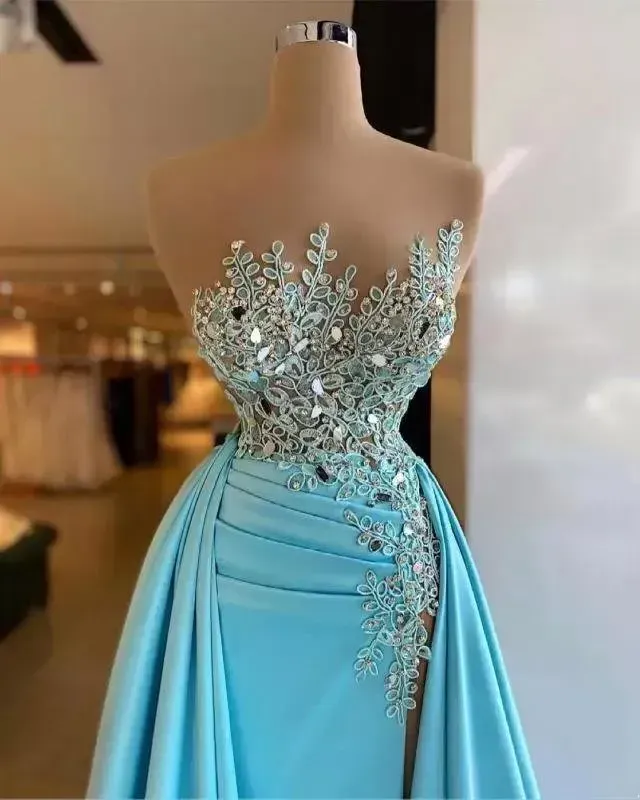 Sleeveless Mesh Top Lace Evening Dresses Ruched Side Split Beaded Prom  Party Gowns From Bestoffers, $236.58 | DHgate.Com