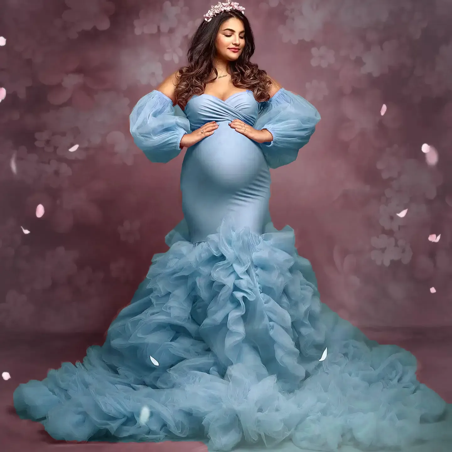blue mermaid maternity dress Long sleeves fit and flare maxi chiffon dress 4998 – Xiaolizi