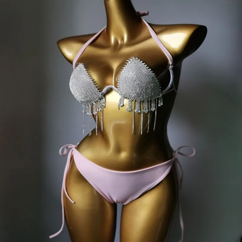 Diamante Carnival Bikini Set: Pink Rhinestone Bra and Sexy Panties Rave  Festival Outfit