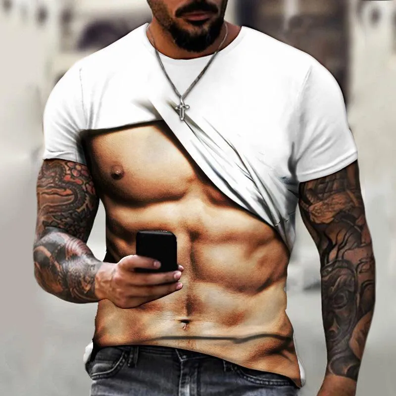Men's Summer Polyester Fake Muscle 3D Print T-Shirt Short Sleeve O