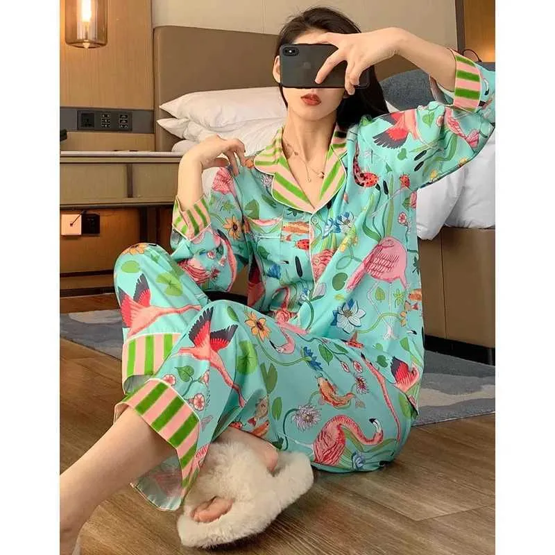 Animal Print Women s loungewear set for Spring and Autumn Long Sleeve Faux Silk Satin Sleepwear Homewear Q240528