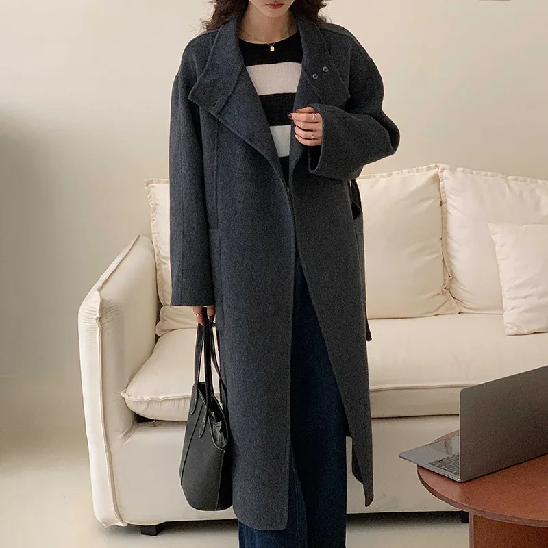 Winter Long Real Wool Coat Soft Warm Coat Womens Trench Coat Pocket Loose Coat ZR5761 241115