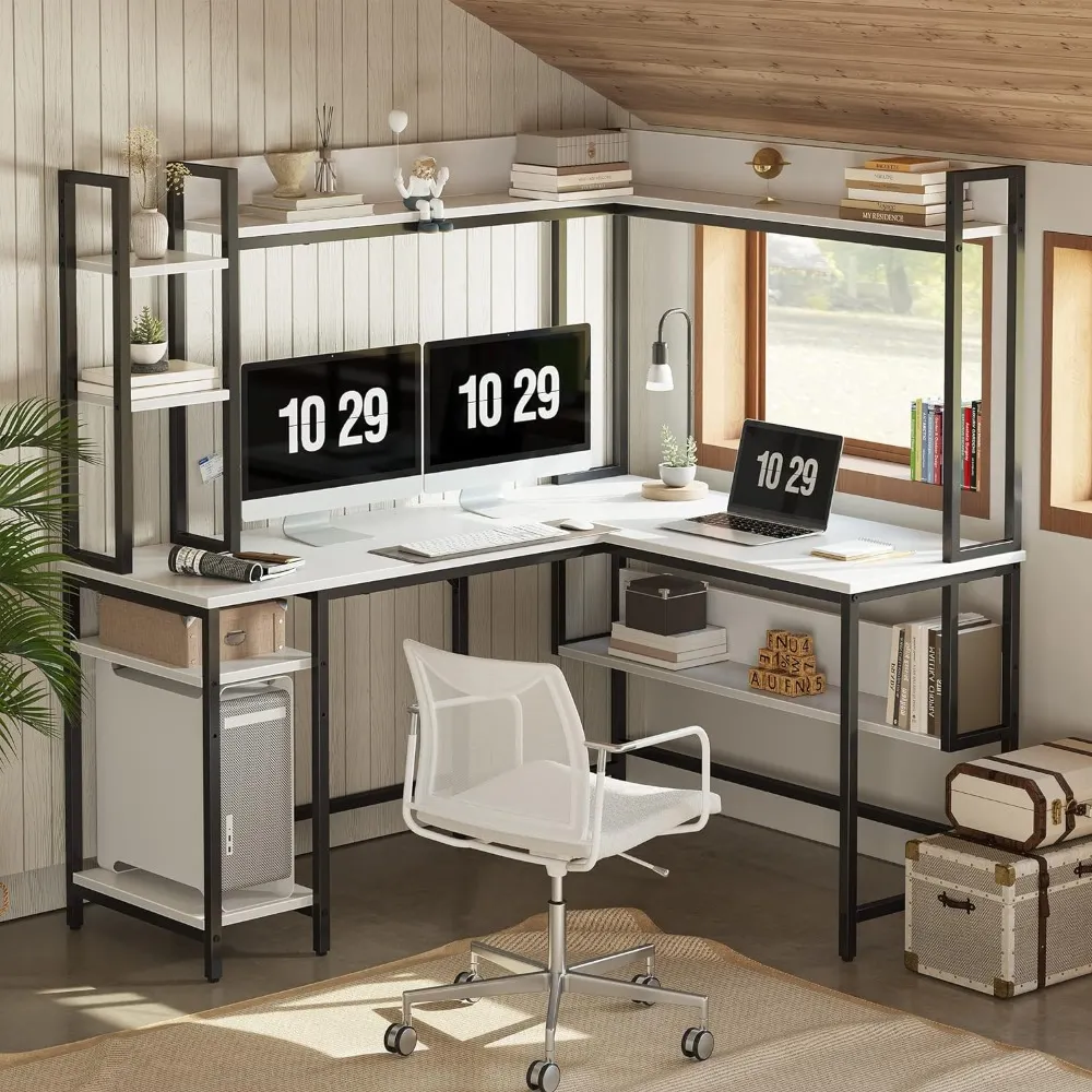 Large L Shaped Desk with Hutch for Home Office Computer Gaming Study Standing Furniture Space Saving Design Material Color