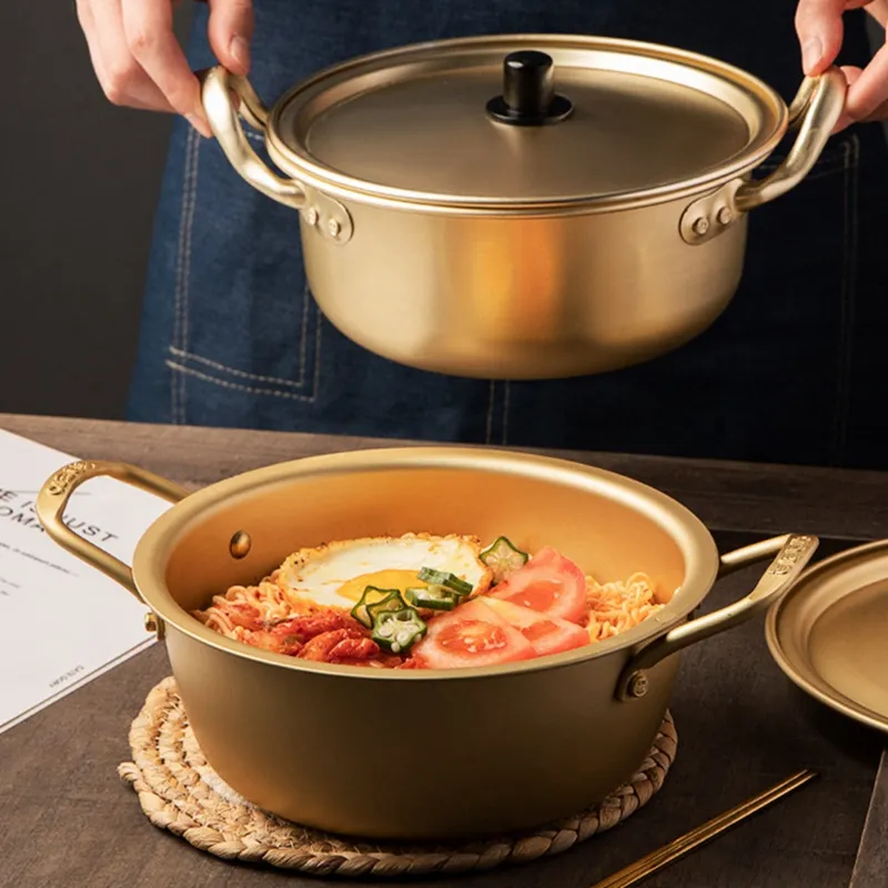 Samusagya Stainless Steel Kadai Brass Noodle Pot For Cooking With Double Handles, Hammered Men Pot, Korean Ramen Cooking Pot For Kitchen, Nonstick