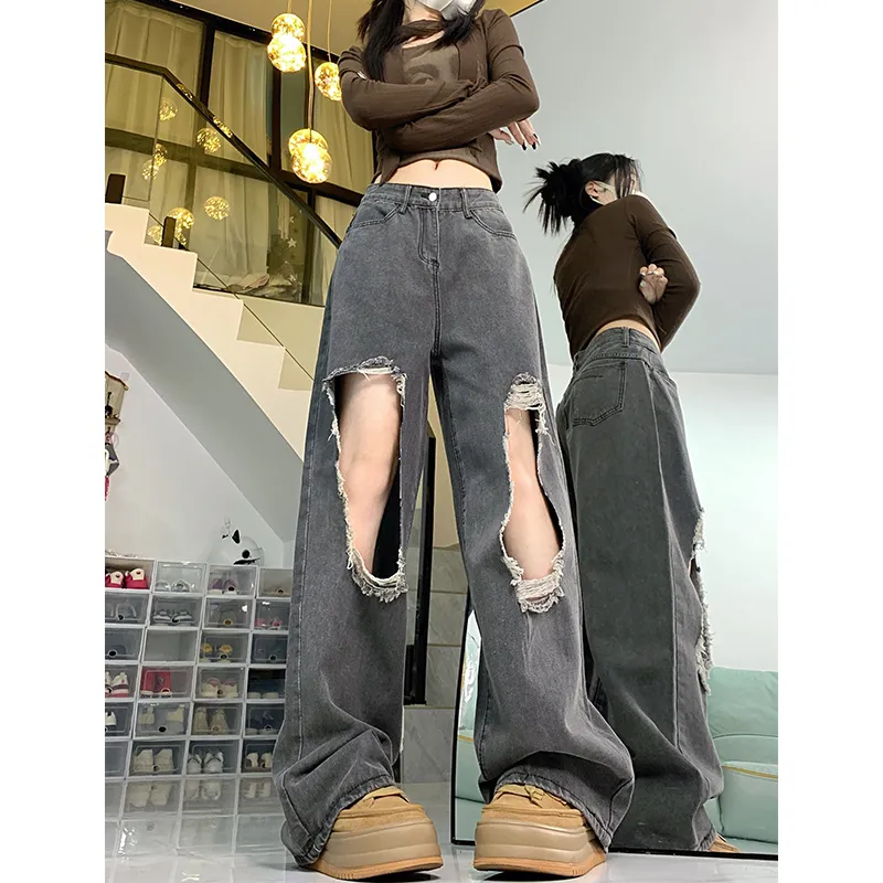 High Waist Straight Jeans: Y2K Grunge Ripped Denim Trousers for Women